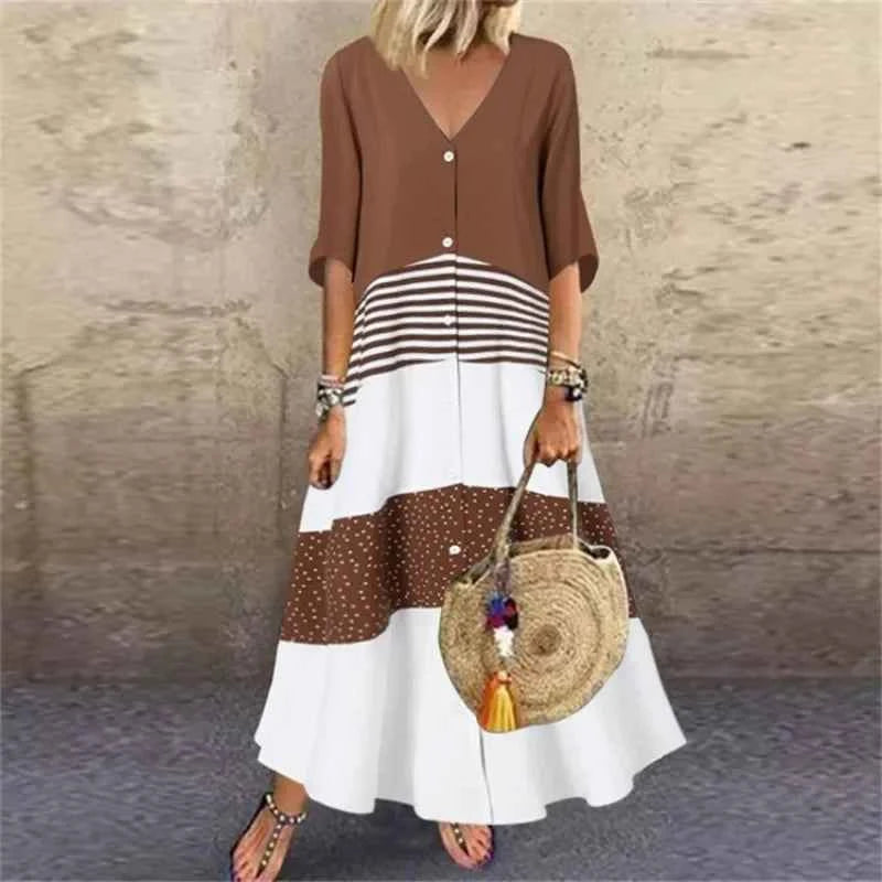Plus size summer Women's Fashion Short Sleeve Dress V-neck Printed Long Elegant Loose Dress Button Casual Large Women's Dress