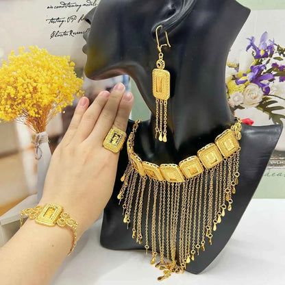 Earring Tassel Necklace Middle East 4pcs Jewelry Women Cuff Bangles with Ring Jewelry Dubai Fashion Set African Jewelry Wedding