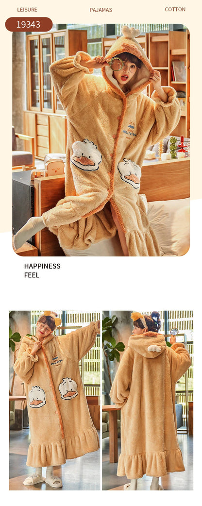 2024 Winter Pajamas For Women Cartoon Hooded Long Robe Strawberry Jacket Cute Home Wear Sleepwear Kawaii Flannel Warm Bathrobe - AMULET RING STORE
