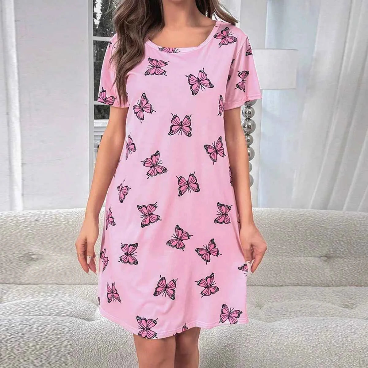 Summer Butterfly Prints Sexy Short Sleep Shirts Women Milk Silk Nightgowns Sleepwear Lingerie S-XL Plus Size Night Dress Women