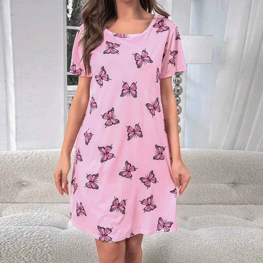 Summer Butterfly Prints Sexy Short Sleep Shirts Women Milk Silk Nightgowns Sleepwear Lingerie S-XL Plus Size Night Dress Women