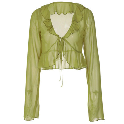 Vintage 90s Streetwear Ruffles Trim Green Chiffon T-shirts Y2K Fashion Sexy Deep V Lace Up Long Sleeve Tops Transparent - AMULET RING STORE