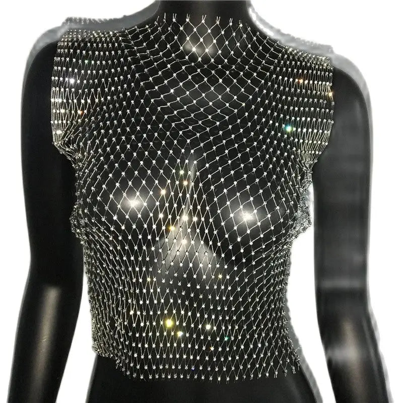 Women's Fishnet Rhinestone Crop Top 2024 Summer Sexy Mesh High Elastic Black White Shirt Net See Through Rave Diamond Tank Top - AMULET RING STORE