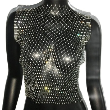 Women's Fishnet Rhinestone Crop Top 2024 Summer Sexy Mesh High Elastic Black White Shirt Net See Through Rave Diamond Tank Top - AMULET RING STORE