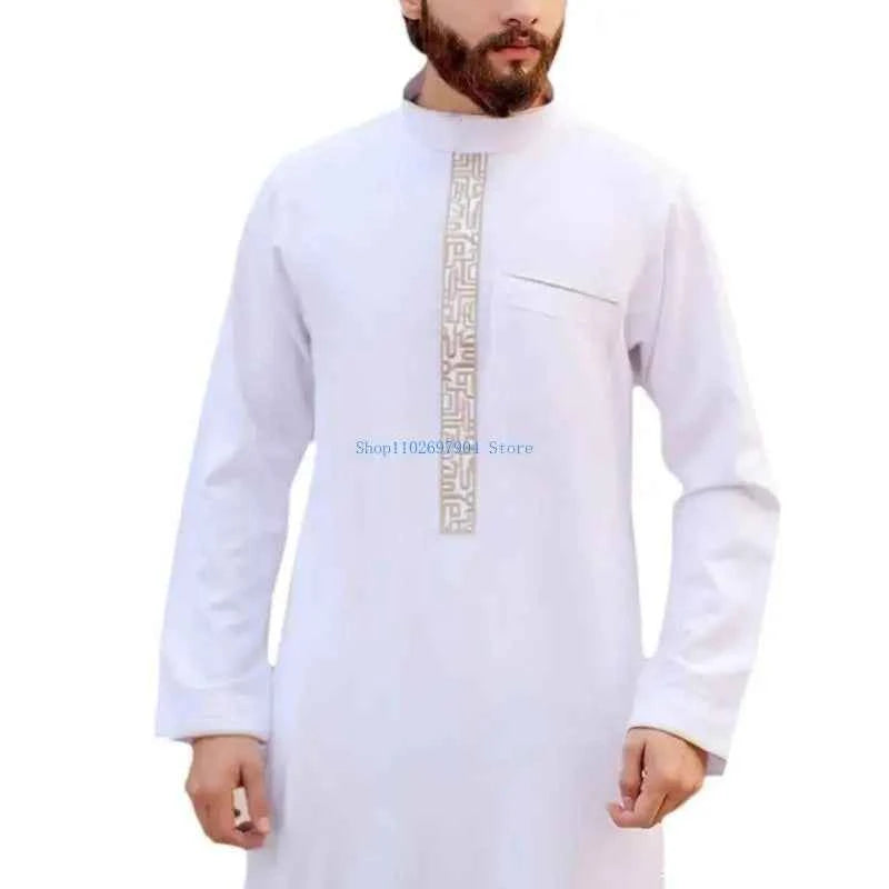 N7YF Mens Robe Muslim Clothes Loose Neck Arab Middle Durable Kaftan Muslim Thobe Dubai Long Sleeve Gown Ethnic Clothes