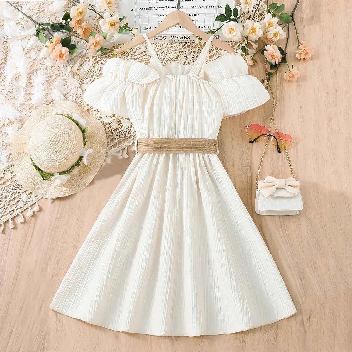 Girls Casual Dresses One-line Shoulder Strap Patchwork Lace Dress Kids Clothes Girls 8 To 12 Years Princess Dress for Girls