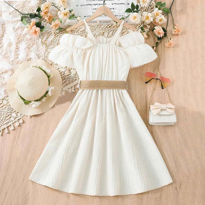 Girls Casual Dresses One-line Shoulder Strap Patchwork Lace Dress Kids Clothes Girls 8 To 12 Years Princess Dress for Girls