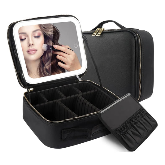 Makeup Organizer with Mirror Light 3 Adjustable Brightness Travel Train Case Cosmetic Bag Portable Storage Partition Waterproof - AMULET RING STORE