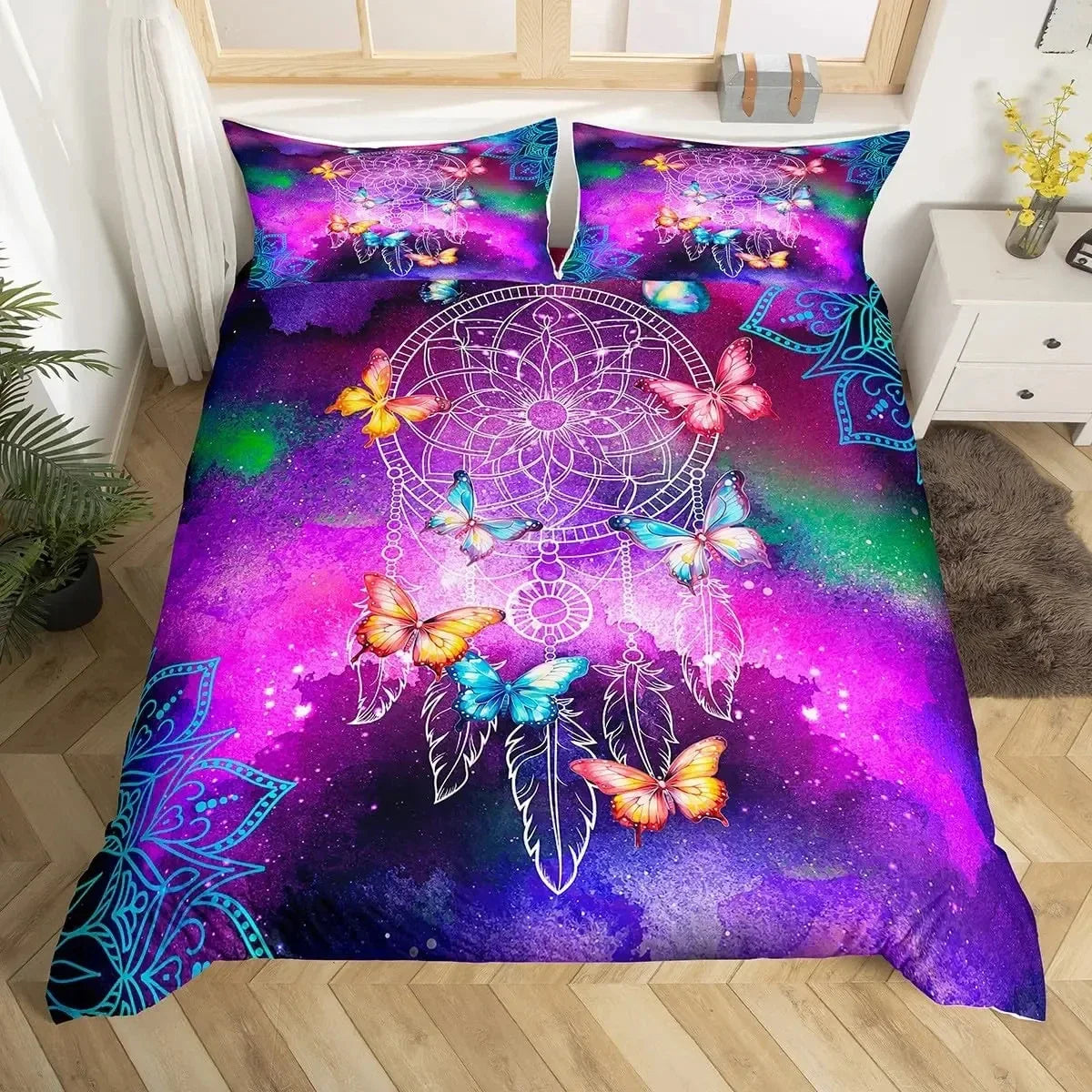 Dream Catcher Bedding Set Boho Mandala Duvet Cover Twin King,Exotic Tribal Feather Comforter Cover Starry Sky Galaxy Quilt Cover
