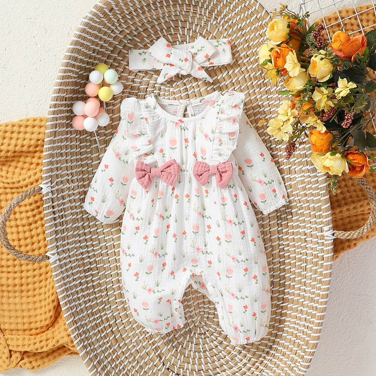 Baby Girls Summer Long Sleeve Printing Love With Bowknot  For Casual Daily Cotton Jumpsuit
