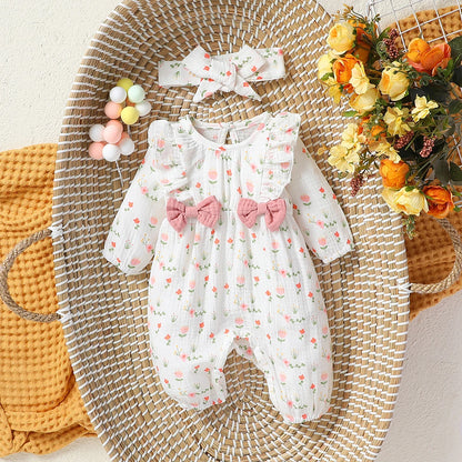 Baby Girls Summer Long Sleeve Printing Love With Bowknot  For Casual Daily Cotton Jumpsuit