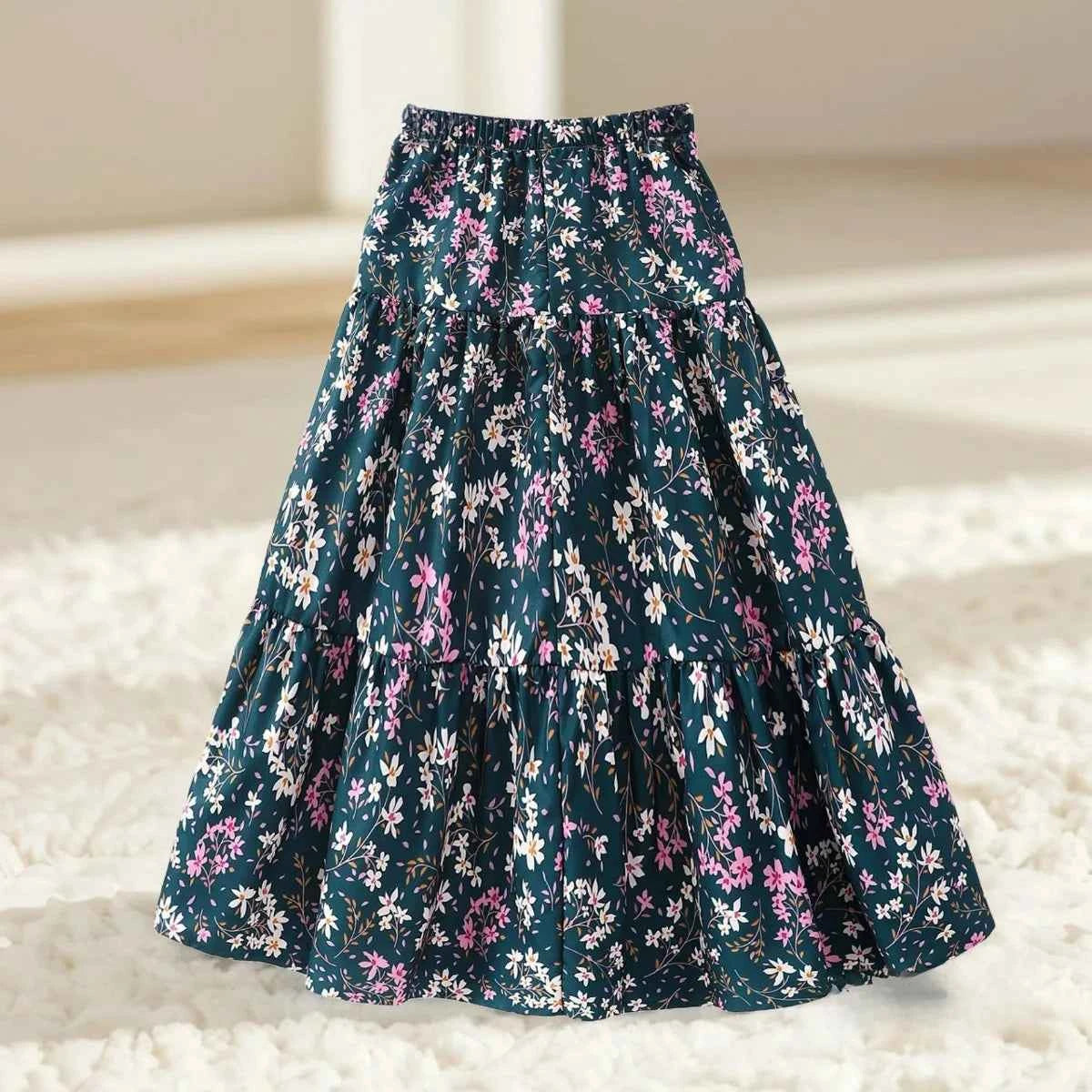2024 Long Skirt Teens Girls Clothing 8-12 Y Summer Style Casual Fashion Floral Butterfly A-Line Birthday Gift Children Skirt