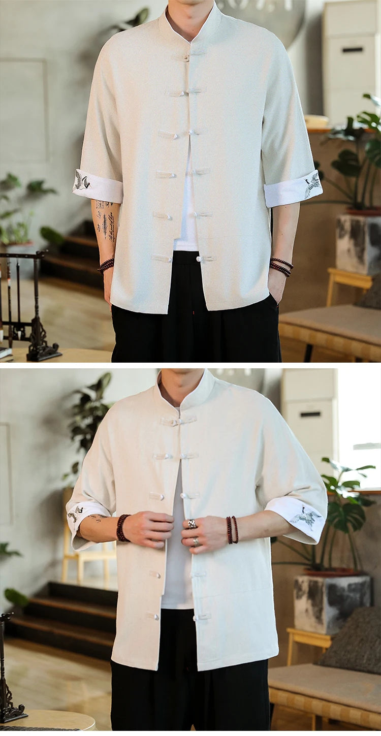 New Crane Embroidery Top Traditional Chinese Clothing for Men Vintage Half Sleeve Linen Shirts Solid Madarin Collar Hanfu Kungfu