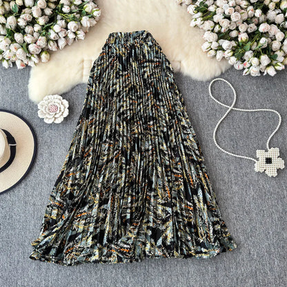 Chiffon A-Line Midi Skirt Women's Autumn 2025 New Sle Cover Hip Draped Large Swing Umbrella Skirt Pleated Floral Skirt