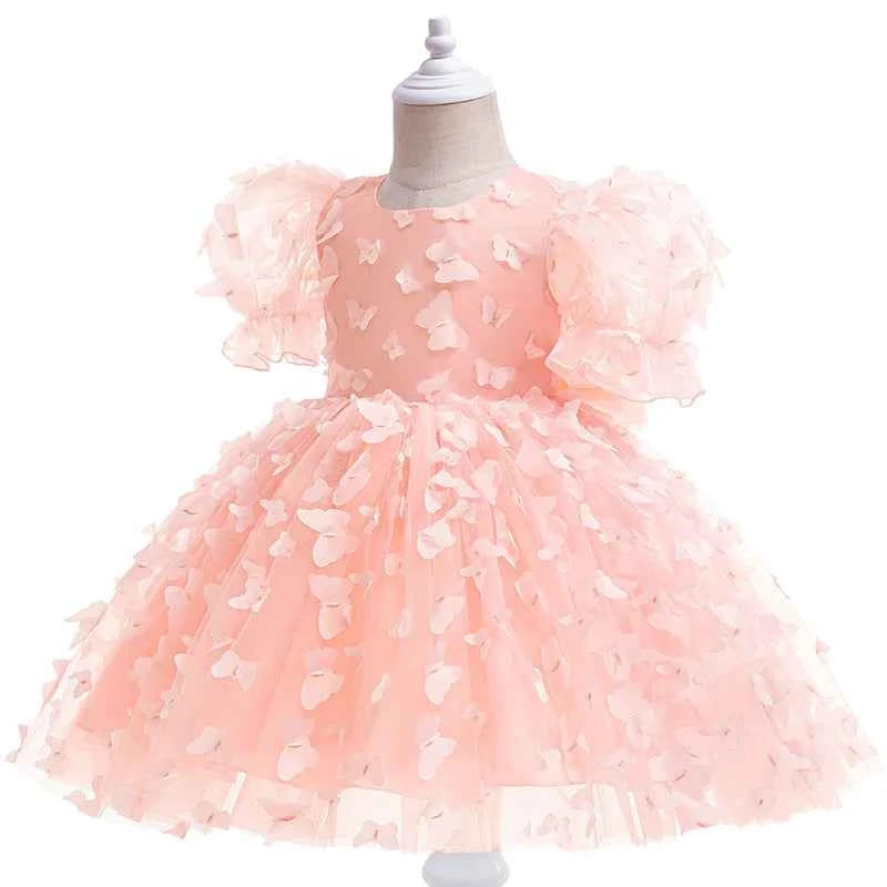Baby girl dress three-dimensional butterfly Bubble sleeve mesh fluffy princess dress performance birthday party dress girl dress