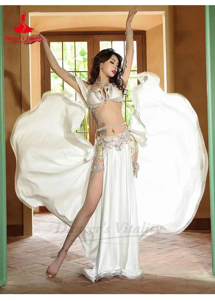 Belly Dance Performance Suit for Women Senior AB Stones Bra+satin Split Long Skirt 2pcs for Women Oriental Belly Dancing Outfit