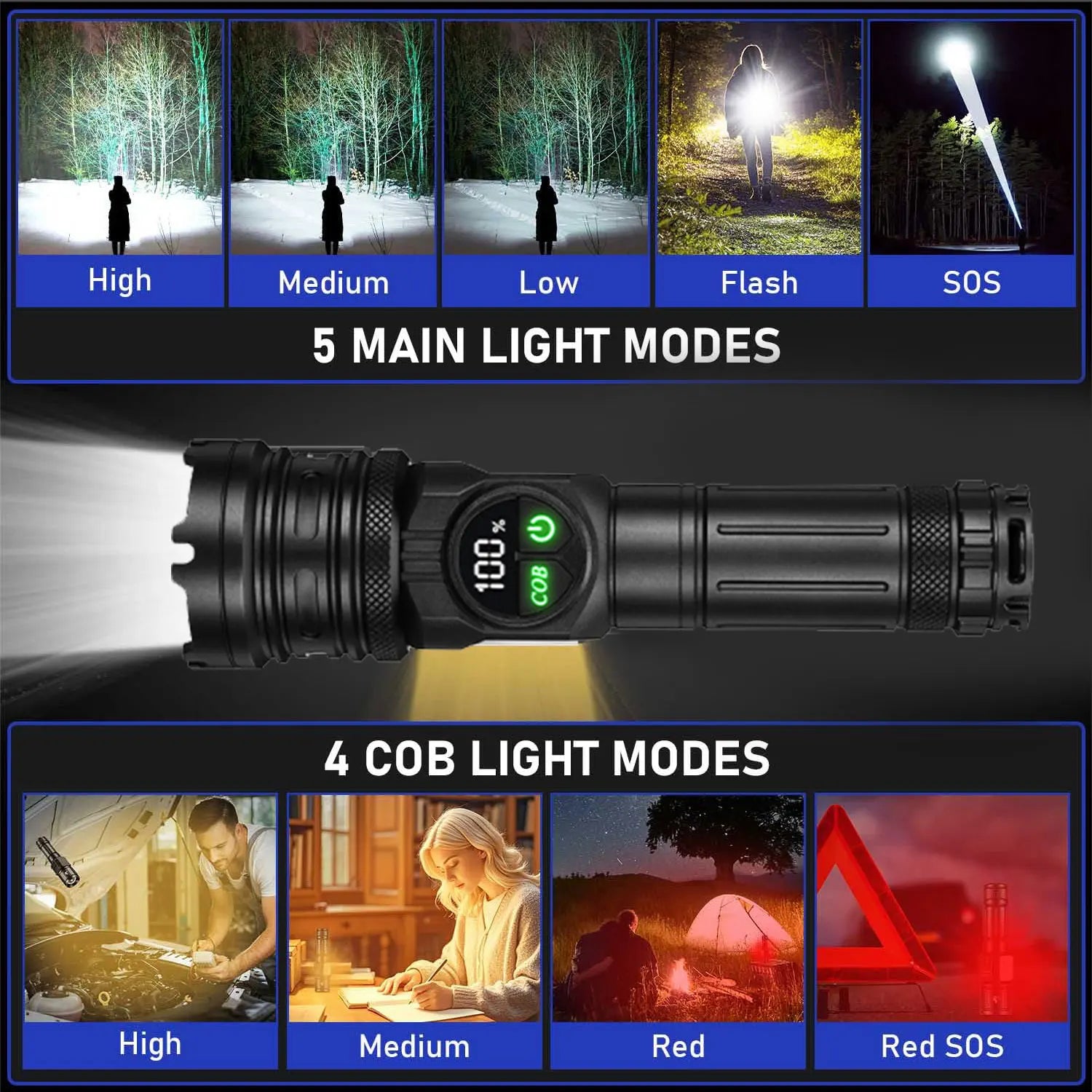 Super Bright Rechargeable LED COB Flashlight With 9 Lighting Modes Multifunction Magnetic Outdoor Waterproof Lamp18650 Battery - AMULET RING STORE