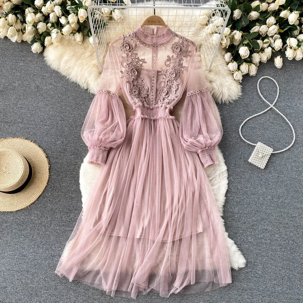 Ladies Dress Three-dimensional Flower Hook Mesh Temperament Stand Collar Lantern Sleeve High Waist Slim Female Dresses - AMULET RING STORE
