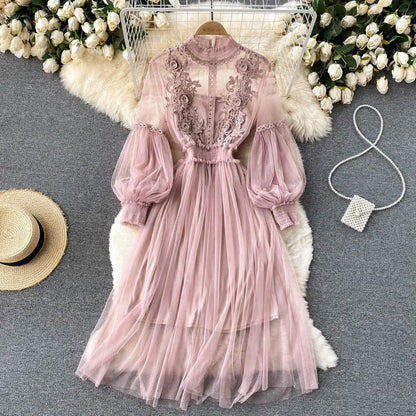 Ladies Dress Three-dimensional Flower Hook Mesh Temperament Stand Collar Lantern Sleeve High Waist Slim Female Dresses - AMULET RING STORE
