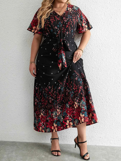 Plus Size Casual Dress Woman 2024 Summer V Neck Short Sleeve Floral Print Long Dress Black Curvy Size Women Clothing