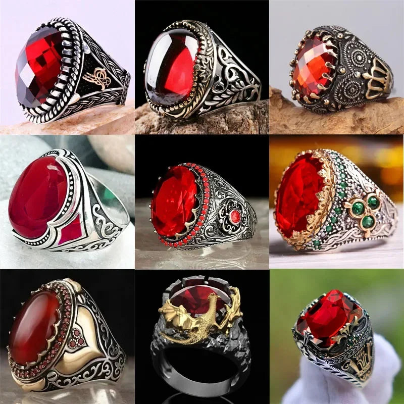 Red Emerald Men's Ring Turkey Retro Domineering Personality Ring AMULET RING STORE