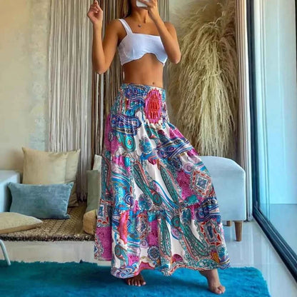 Women's Fashion High Waist Elastic Waist Two-wearing Elegant Skirt Ladies Casual Flower Print Black Vacation Party Beach Skirt