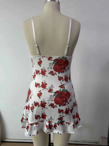 Sexy Rose Print Nightgown Women's Lace Trim Lingerie Criss Cross Cami Mini Dress Cute Bodycon Chemise Trendy Nightwear New