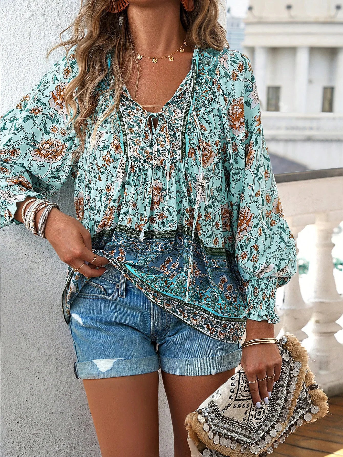 2024 Summer Fashion New Women's Elegant Casual Printed V-neck Shirt with Bubble Sleeves and Loose Commuting Style Top - AMULET RING STORE