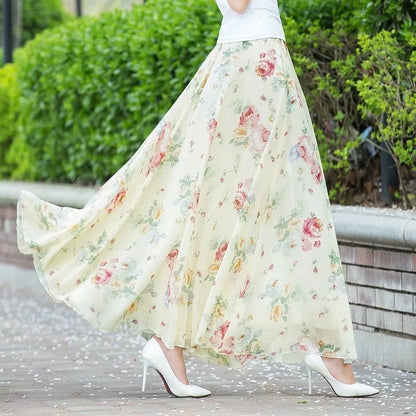 Chiffon Floral Maxi Summer Skirt Women Long High Waist Holiday Dance Skirt Elegant Beach Boho Hot Sale Lady Vintage Girl Fairy