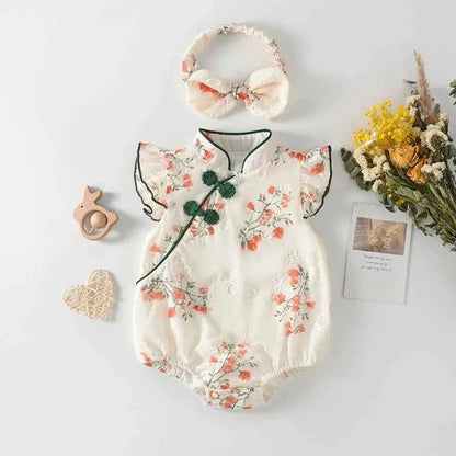 Toddler Girls Traditional Chinese Dress Set with Embroidered Floral Romper Matching Headband and Stylish Summer Outfit for a