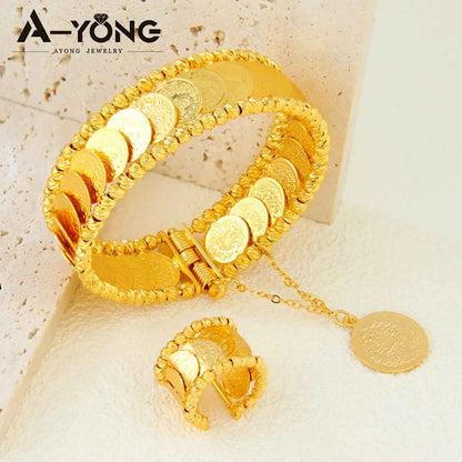 Luxury Turkish Coins Charm Jewelry Set 24k Gold Plated Kurdish Muslim Bridal Open Bangles Ring Middle Eastern Vintage Jewelrys