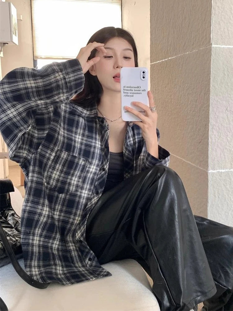 Zoki American Y2K Plaid Shirt Women Loose Streetwear Long Sleeve Vintage Blouse Casual Oversize All Match Female Spring Tops New - AMULET RING STORE