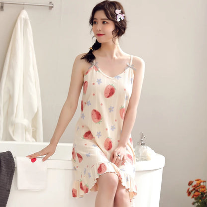 Women Nightgowns Cotton Night Dress Sexy Spaghetti Strap V-Neck Casual Home Dress Night Shirt Floral Print Sleepwear Nightwear - AMULET RING STORE