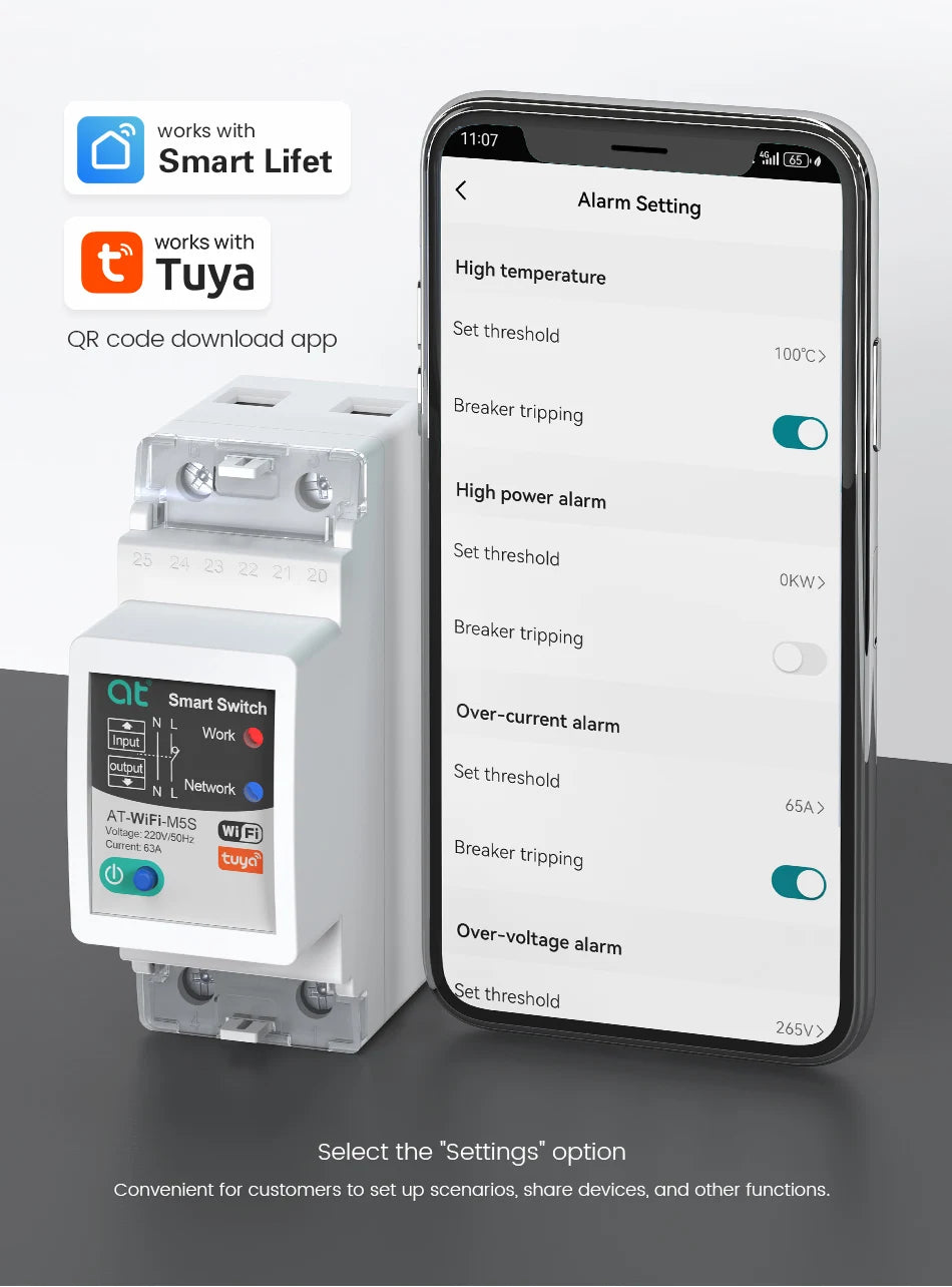 Tuya WIFI Smart circuit breaker 2P 63A charge statistics for smart home wireless control switch by smart life APP CNMIBO