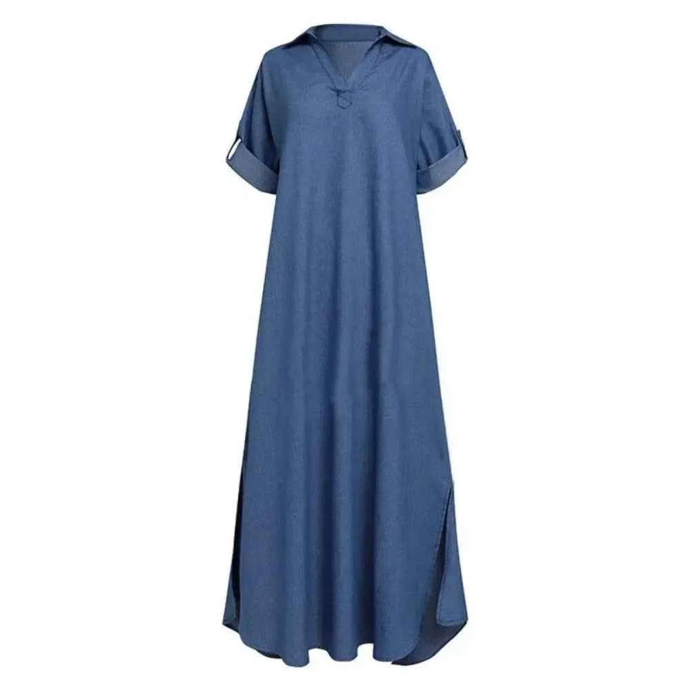 Large Size Women's L-5XL Plus Size Summer  Denim Short Sleeved Fashionable Dress, Casual Solid Color Lapel Large Size