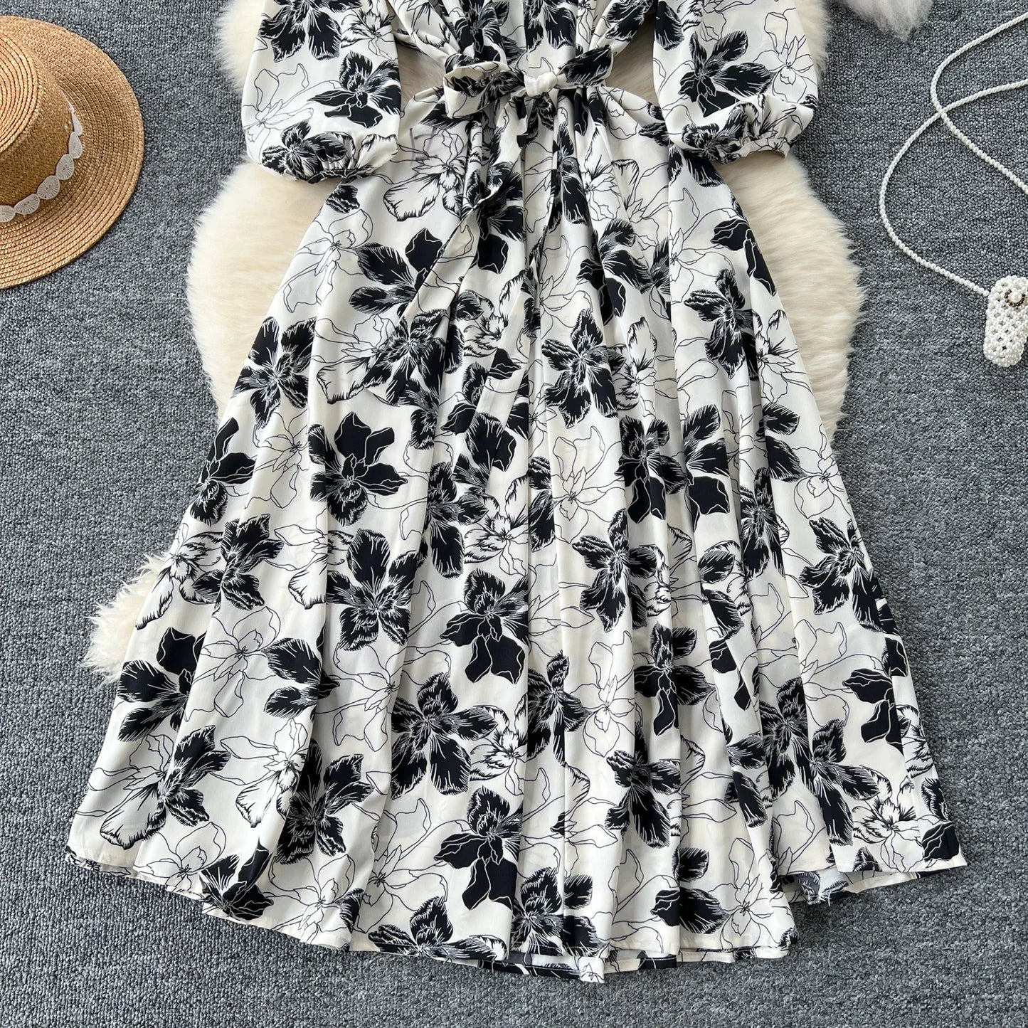 Elegant Boho Floral Print Floral Pleated Maxi Long Dress Female V Neck Puff Sleeve Belt Dresses Women Summer Dress Robe