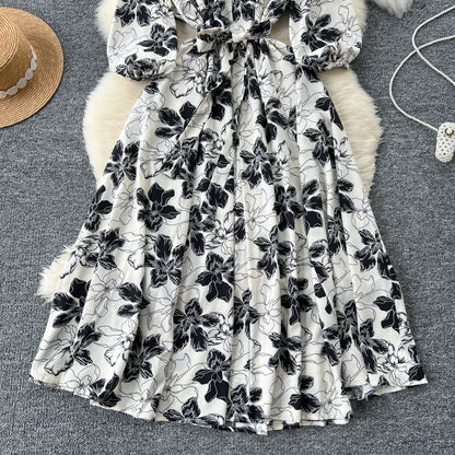 Elegant Boho Floral Print Floral Pleated Maxi Long Dress Female V Neck Puff Sleeve Belt Dresses Women Summer Dress Robe