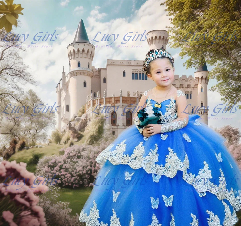 Elegant Quality Dark Blue Flower Girl Dress Tulle Fluffy Exquisite Lace Applique With Bow Little Princess Birthday Party Gowns