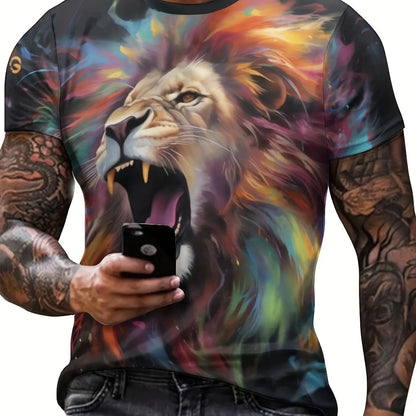 Lion and Crown Cool 3D Graphic Printing Men's Novelty Short Sleeve Round Neck T-shirt, Summer Outdoor - AMULET RING STORE