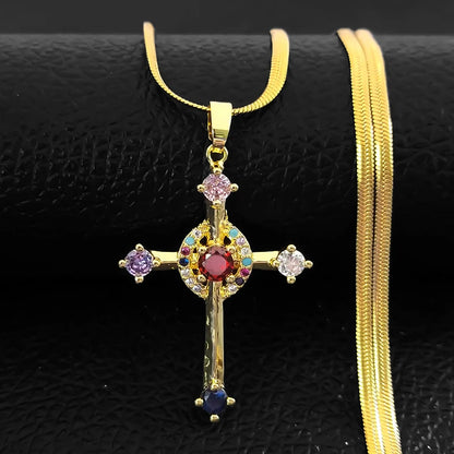 Shiny Hip Hop Zircon Cross Pendant Necklace for Women Stainless Steel Crystal Choker Christian Necklaces Jewelry cruz colgante