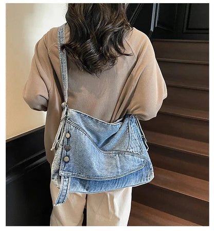 2025 New Women's Denim Tote Bag - Retro Crossbody Shoulder Bag with Large Capacity for Work & Commute, Fashionable Denim Handbag