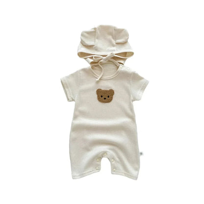 Cotton Romper Gift Hat with Ear New In Summer Kids Baby Girls Boys Short Sleeve Waffle Patch Bear Infant Newborn Jumpsuits - AMULET RING STORE