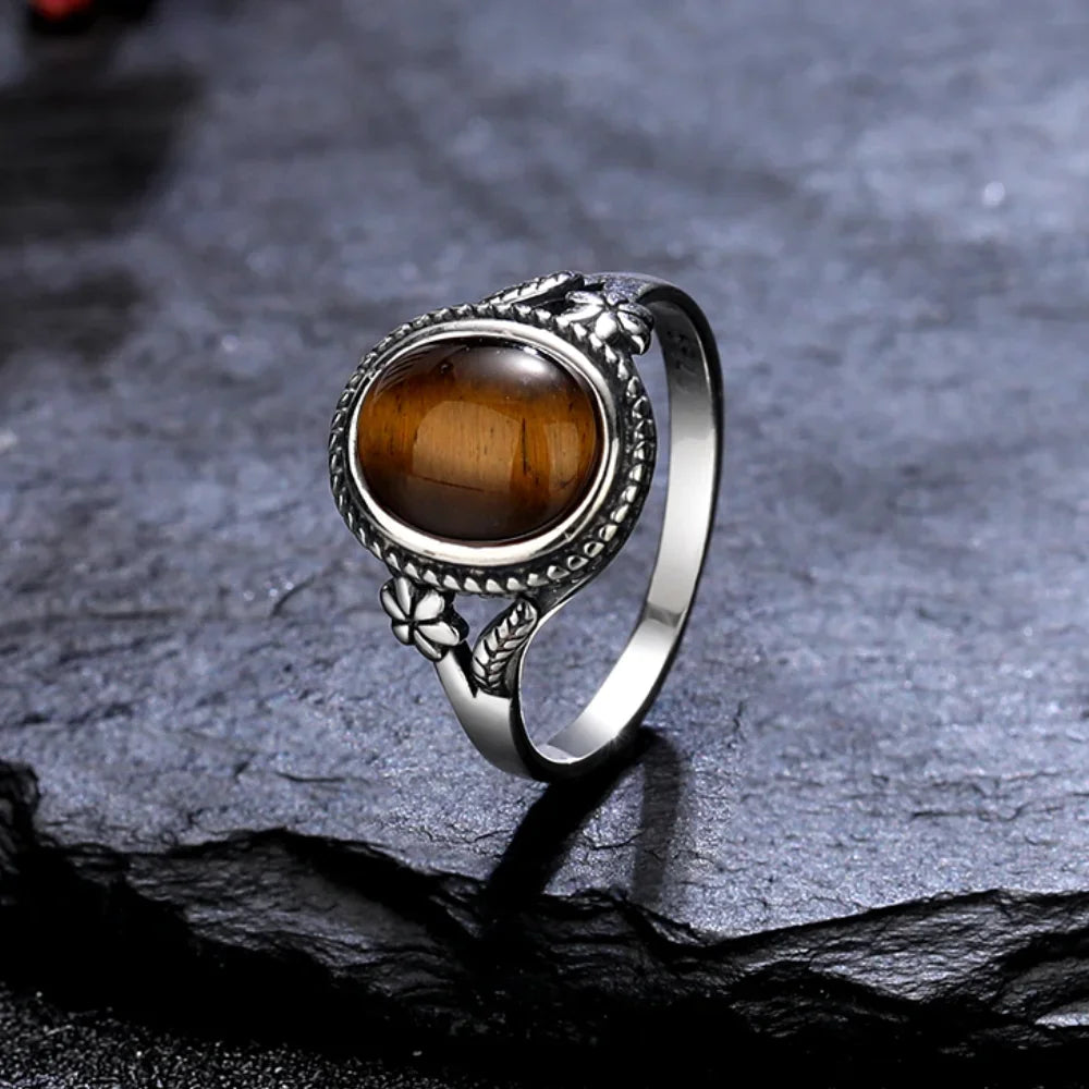Natural 8*10MM Tiger's Eye Stone Finger Ring Fashion Jewelry Rings for Women Gift S925 Silver Flower Shaped Ring