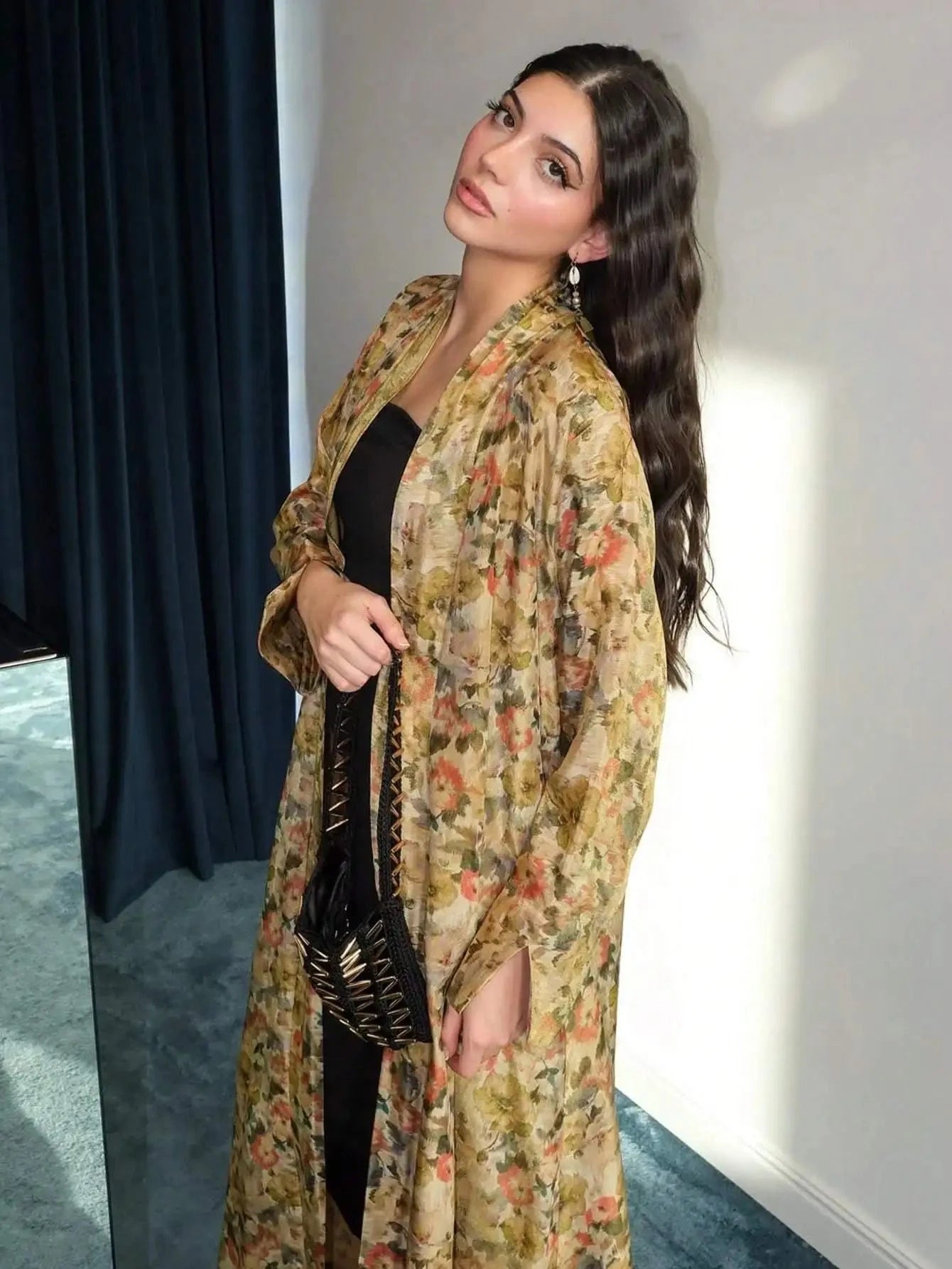 Middle Eastern Printed Floral Abaya Muslim Full Sleeve Loose Open Front Abayas Elegant Kaftan Women Jilbabs Arabian Maxi Dresses - AMULET RING STORE