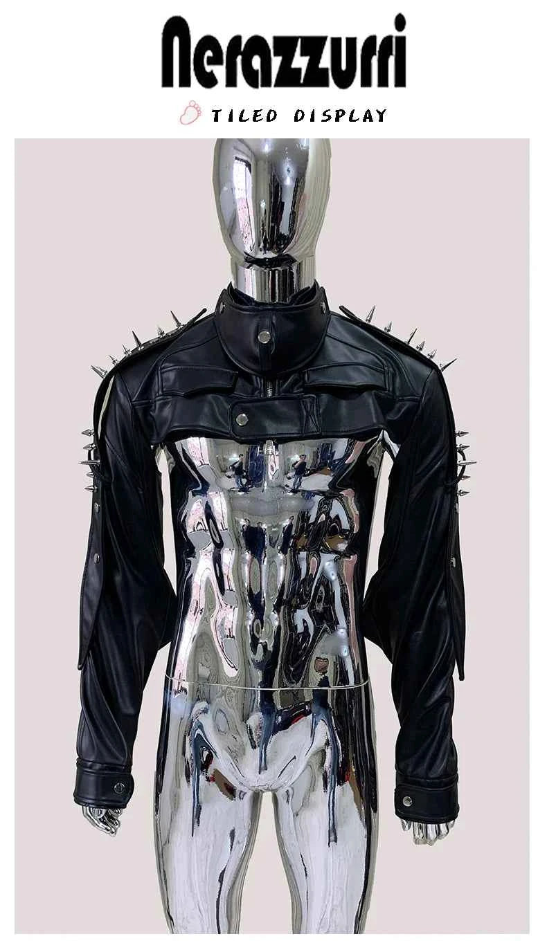 Mauroicardi Spring Autumn Cool Black Cropped Faux Leather Jacket Men Rivet Long Sleeve Zip Up Luxury Punk Style Emo Clothes 2025