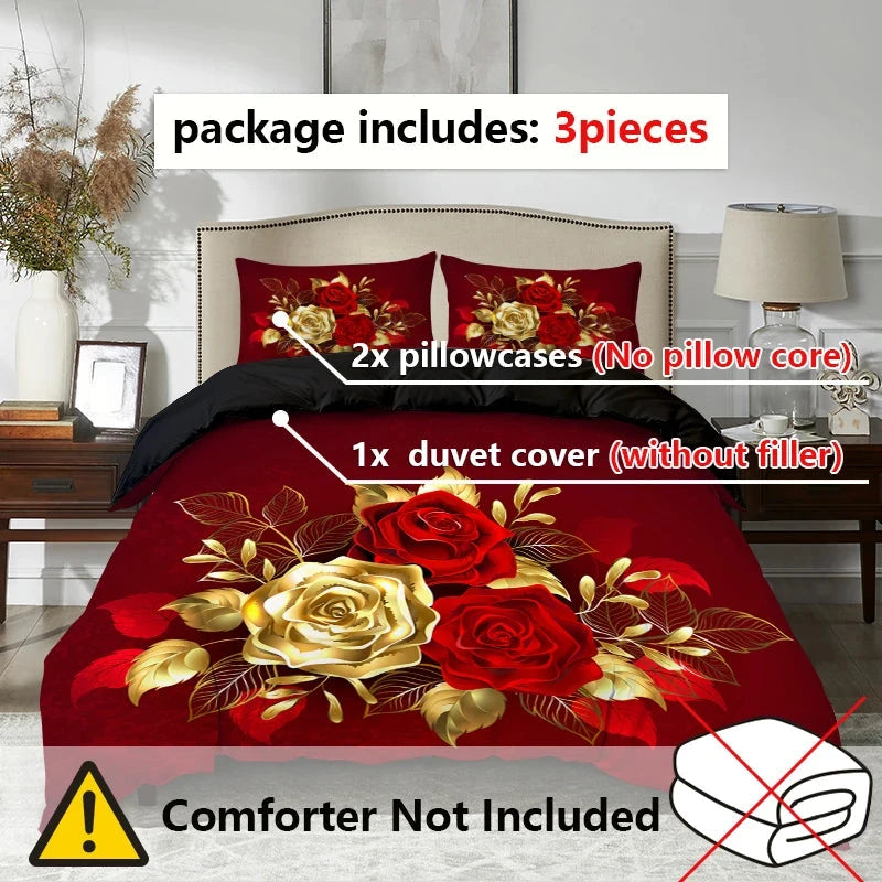 3pcs Golden Rose Duvet Cover Set，Soft And Breathable Bedroom And Dormitory Bedding，Includ (Duvet Cover*1+Pillowcase*2) - AMULET RING STORE