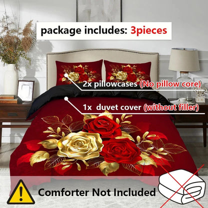 3pcs Golden Rose Duvet Cover Set，Soft And Breathable Bedroom And Dormitory Bedding，Includ (Duvet Cover*1+Pillowcase*2) - AMULET RING STORE