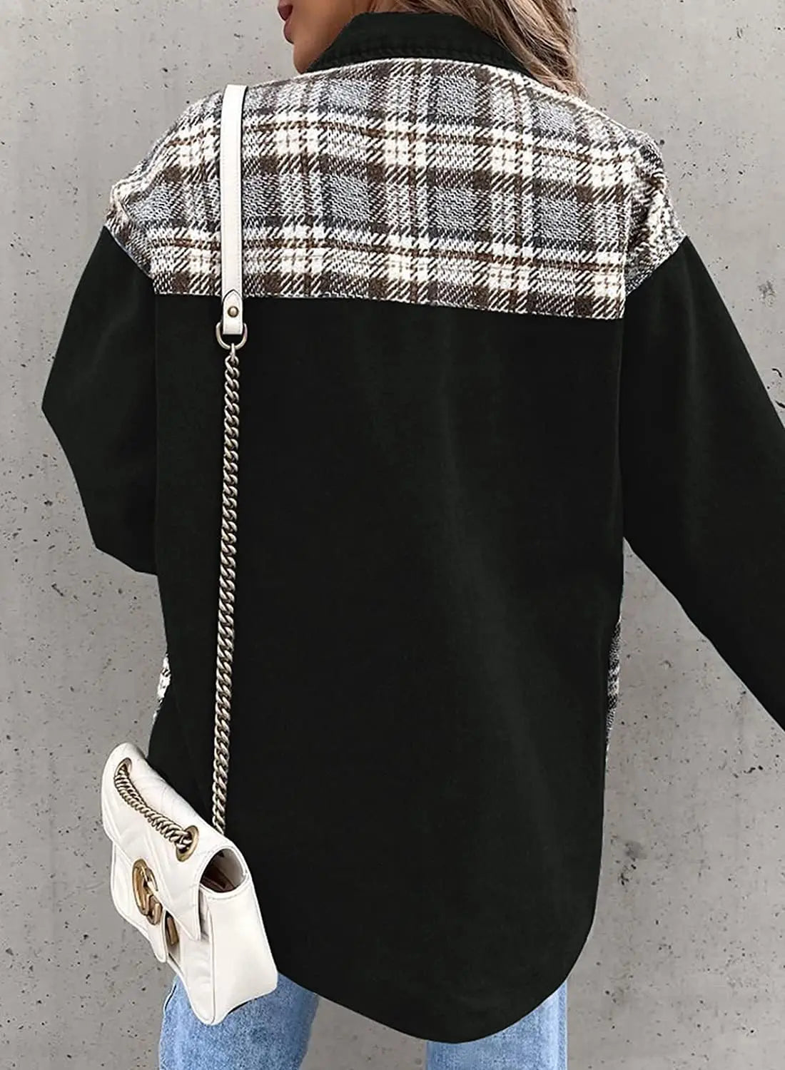 Autumn and Winter Long Sleeved Plaid Color Block Shaking Button Shirt Collar Denim Jacket for Women - AMULET RING STORE