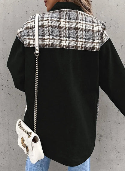 Autumn and Winter Long Sleeved Plaid Color Block Shaking Button Shirt Collar Denim Jacket for Women - AMULET RING STORE