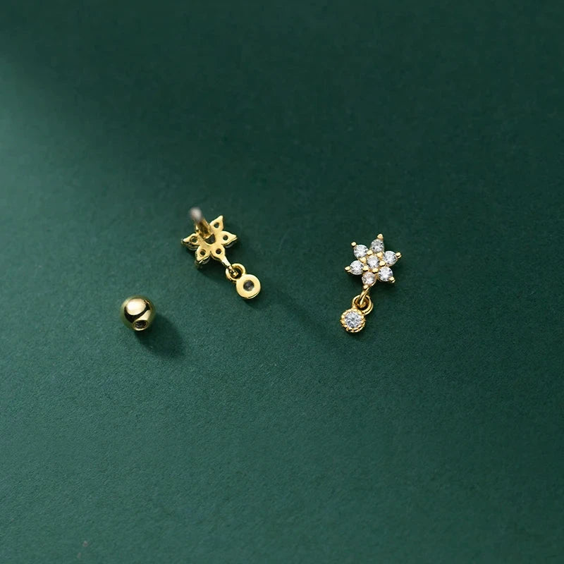 WANTME 925 Sterling Silver Fashion Sweet Flower Shiny Zircon Spiral Bead Stud Earrings for Women Cute Ear Bone Piercing Jewelry - AMULET RING STORE